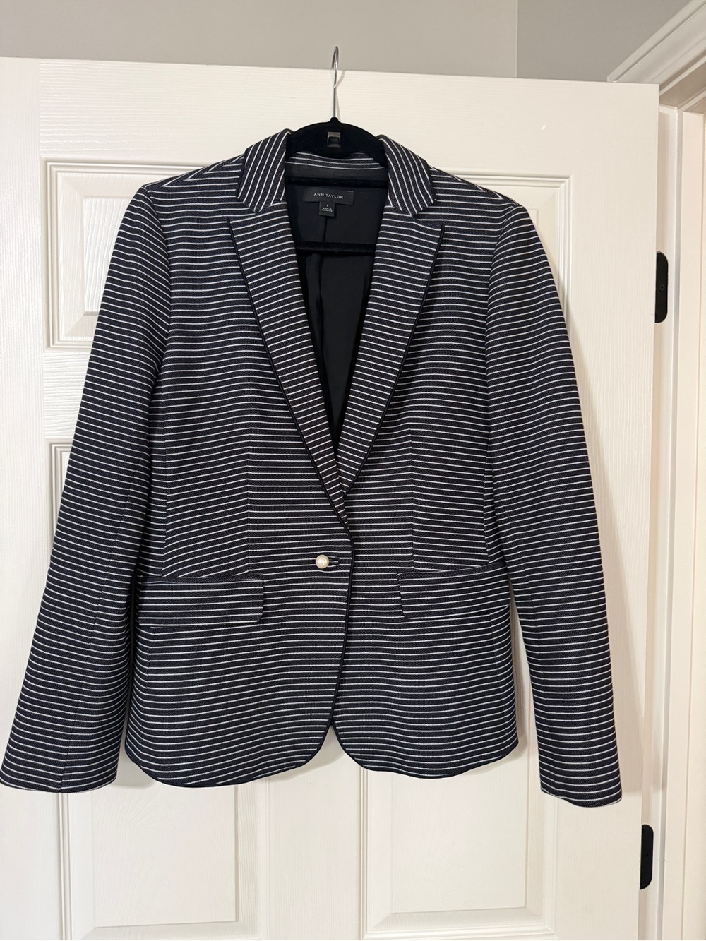 Ann Taylor Navy & White Stripe One-Button Blazer